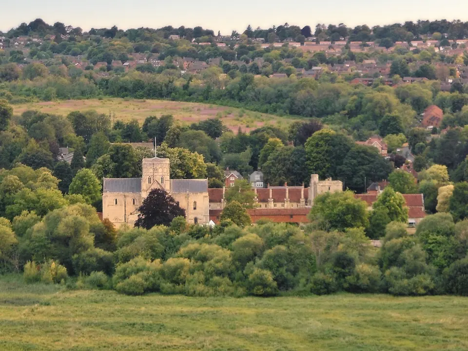 The Hospital of St Cross across the water meadows